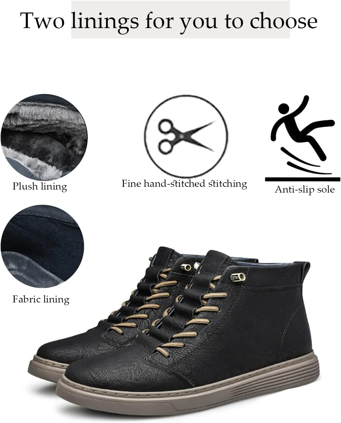 Men's Leather Embossed Flat High-Top Sneakers Autumn Plus Velvet Comfortable Warm Flat Non-Slip Lace-Up Chukka Boots Simple Fashion Walking Sports