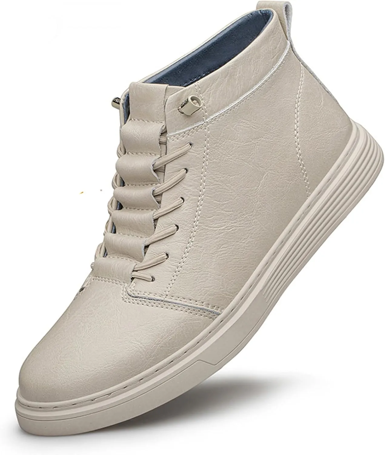 Men's Leather Embossed Flat High-Top Sneakers Autumn Plus Velvet Comfortable Warm Flat Non-Slip Lace-Up Chukka Boots Simple Fashion Walking Sports