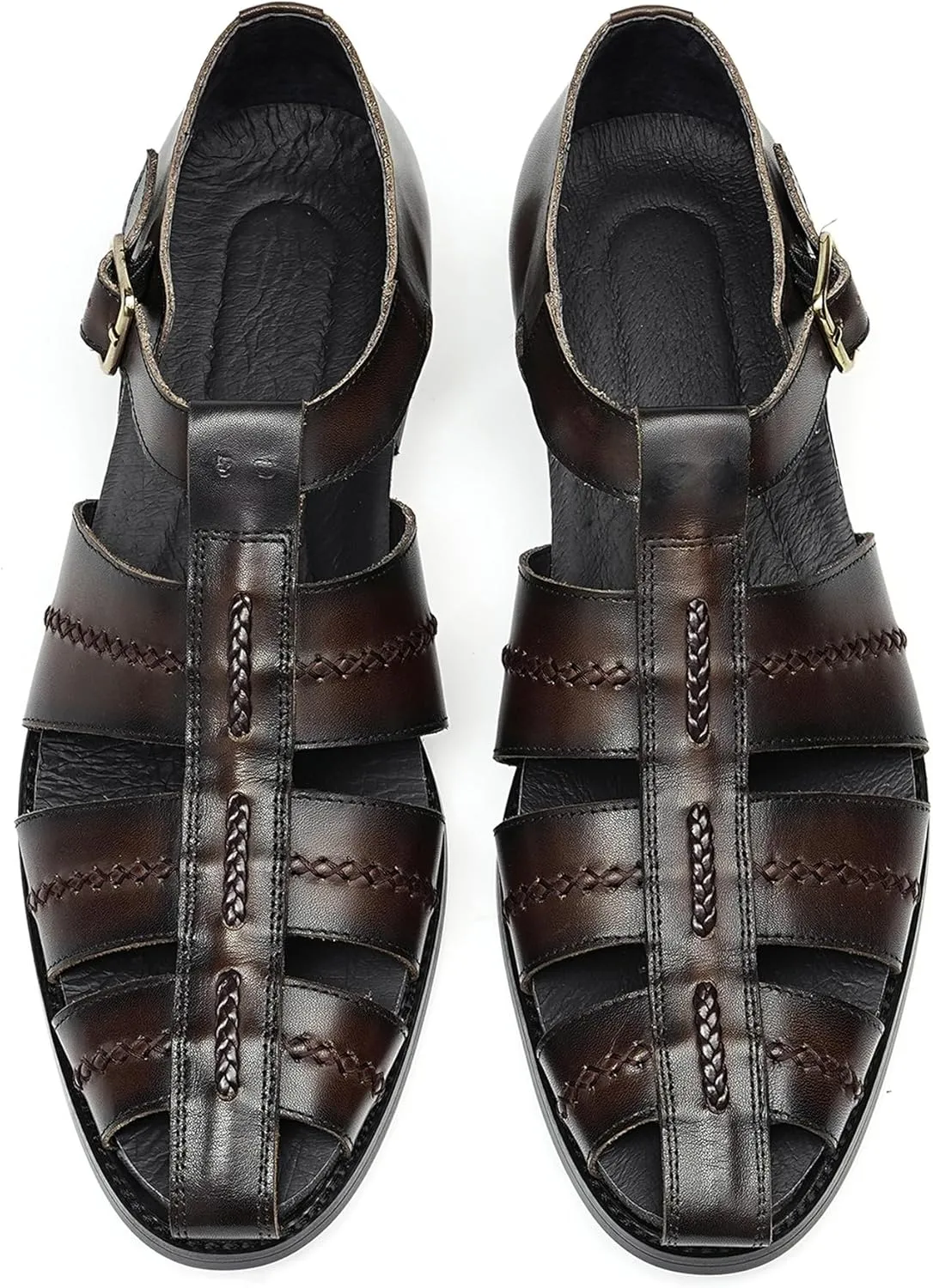 Men's Leather Sandals, Braided Strap Design with Adjustable Buckle, Comfortable and Stylish Closed-Toe Summer Casual Shoes