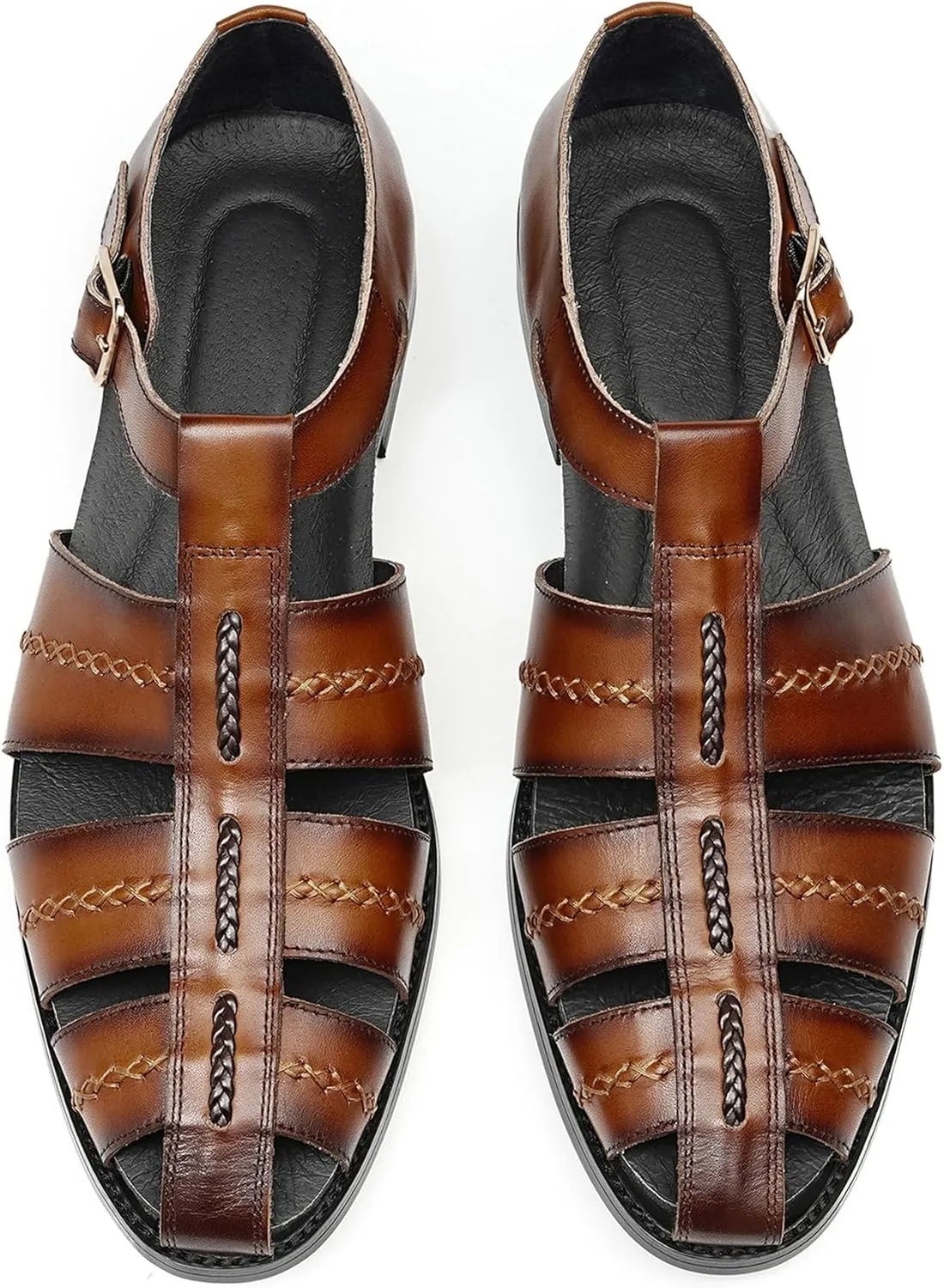 Men's Leather Sandals, Braided Strap Design with Adjustable Buckle, Comfortable and Stylish Closed-Toe Summer Casual Shoes