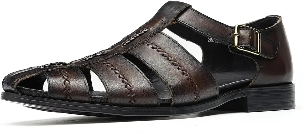 Men's Leather Sandals, Braided Strap Design with Adjustable Buckle, Comfortable and Stylish Closed-Toe Summer Casual Shoes