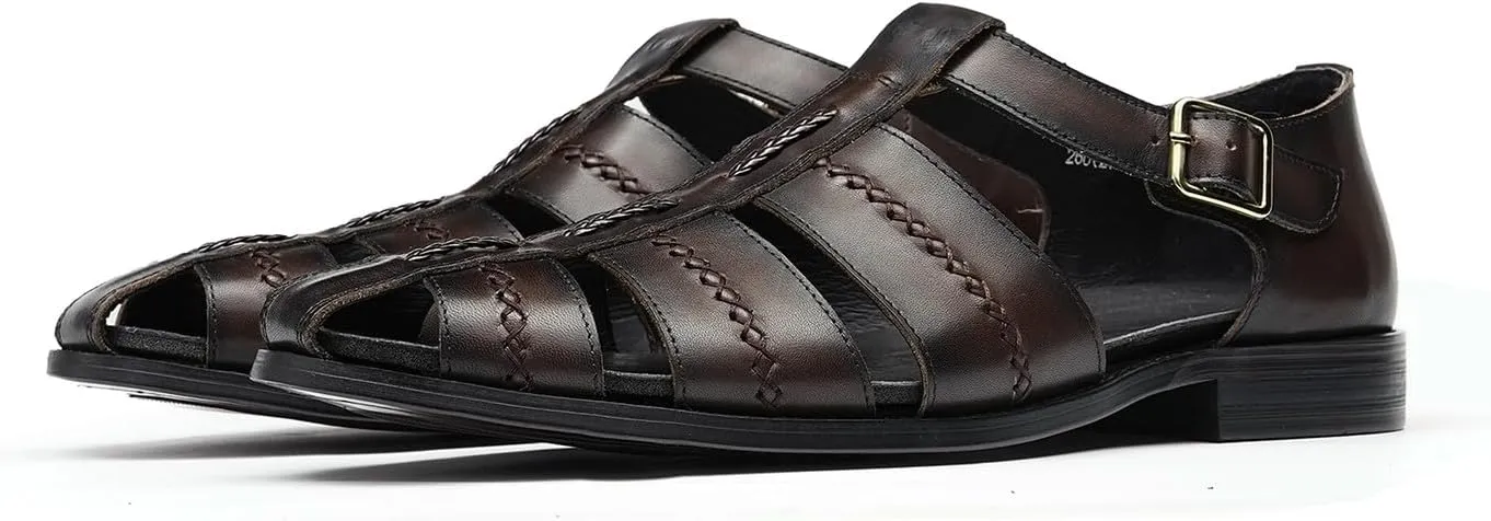 Men's Leather Sandals, Braided Strap Design with Adjustable Buckle, Comfortable and Stylish Closed-Toe Summer Casual Shoes