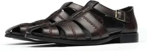 Men's Leather Sandals, Braided Strap Design with Adjustable Buckle, Comfortable and Stylish Closed-Toe Summer Casual Shoes
