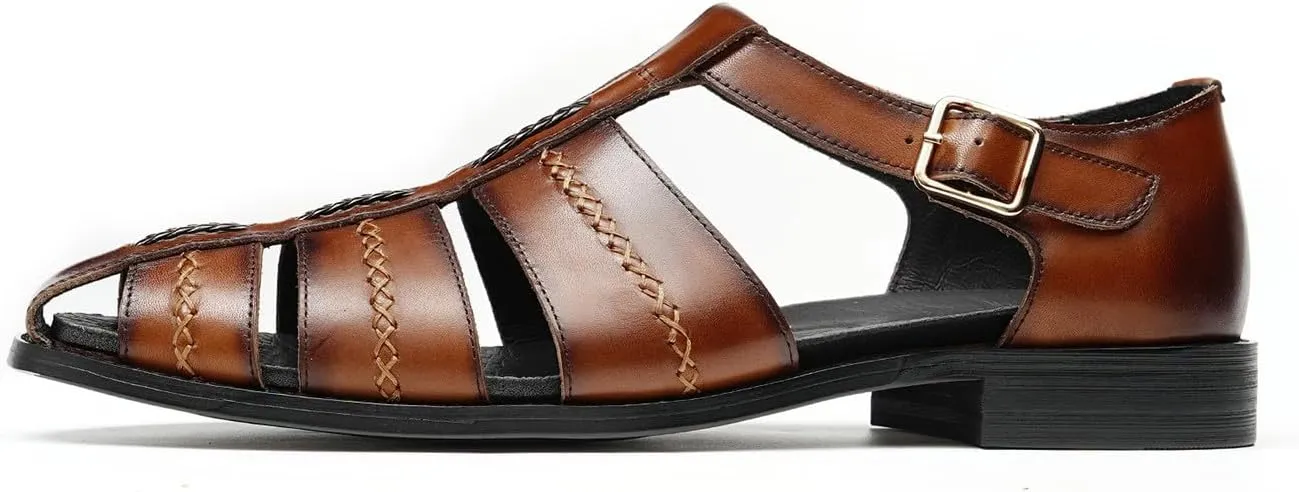 Men's Leather Sandals, Braided Strap Design with Adjustable Buckle, Comfortable and Stylish Closed-Toe Summer Casual Shoes