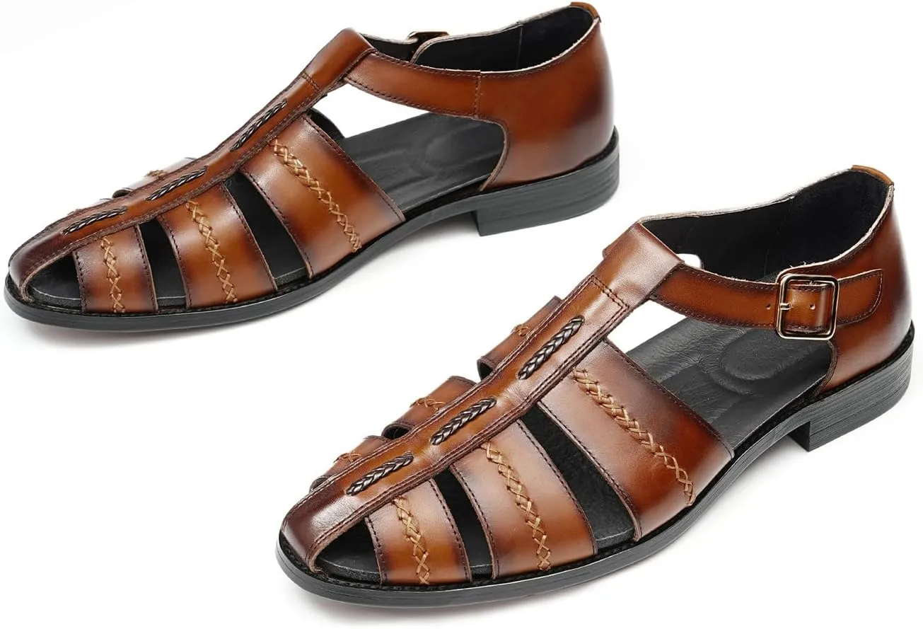 Men's Leather Sandals, Braided Strap Design with Adjustable Buckle, Comfortable and Stylish Closed-Toe Summer Casual Shoes