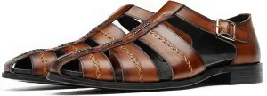 Men's Leather Sandals, Braided Strap Design with Adjustable Buckle, Comfortable and Stylish Closed-Toe Summer Casual Shoes
