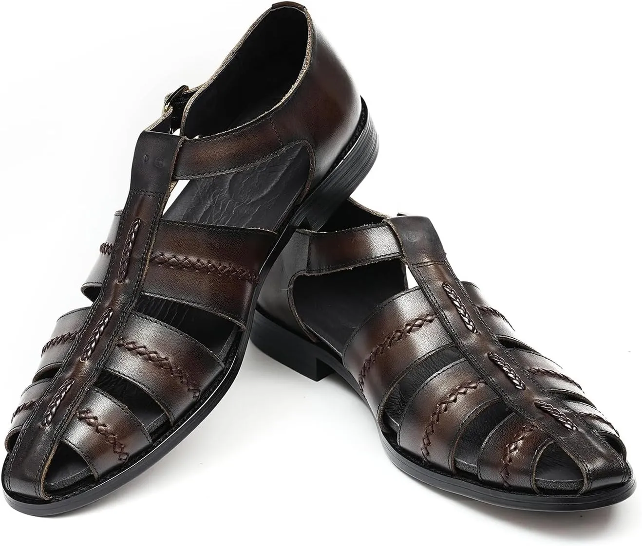Men's Leather Sandals, Braided Strap Design with Adjustable Buckle, Comfortable and Stylish Closed-Toe Summer Casual Shoes