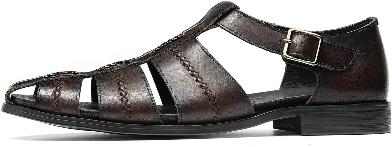 Men's Leather Sandals, Braided Strap Design with Adjustable Buckle, Comfortable and Stylish Closed-Toe Summer Casual Shoes