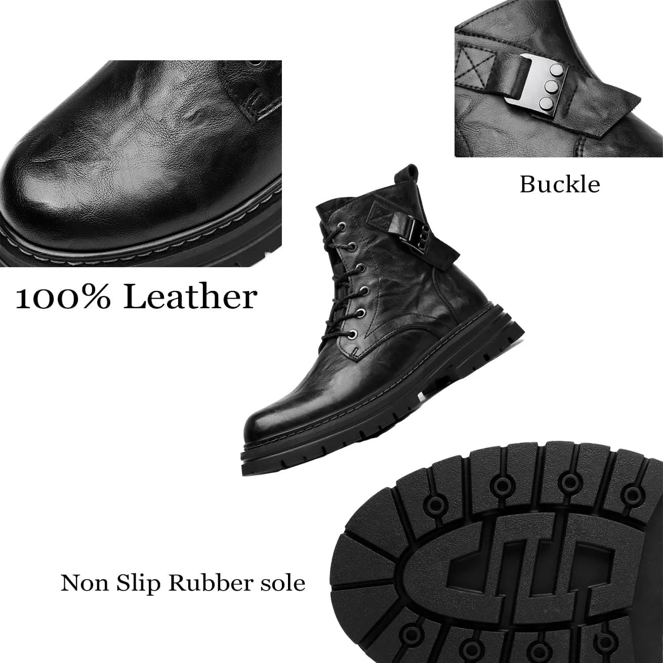 Men's Leather Waterproof Combat Boots with Side Zipper, Casual Hand-Stitched Lace-Up High Top Motorcycle Boots, Comfort Outdoor Rubber Sole Non-Slip Resistant Soft Sole Work Boot