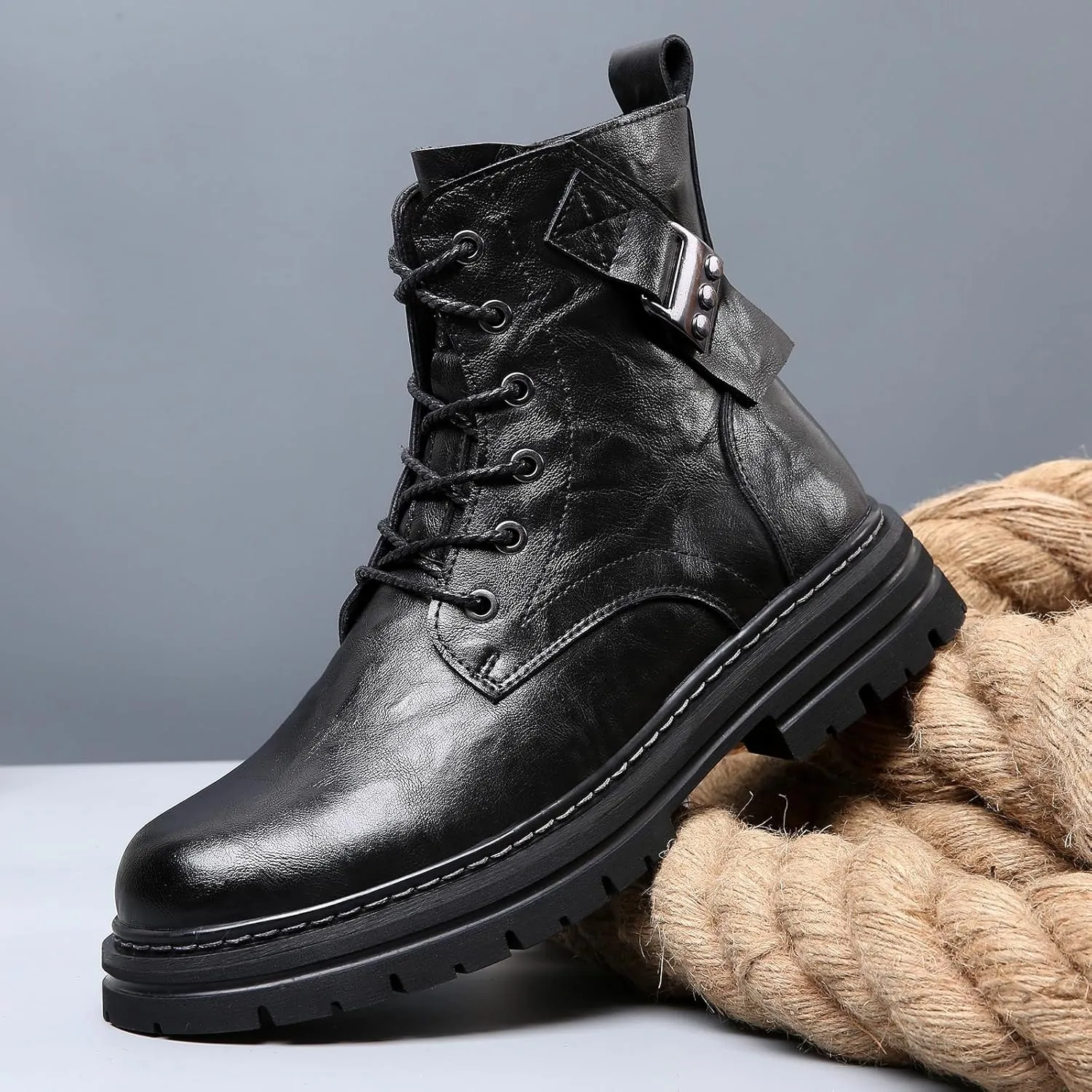 Men's Leather Waterproof Combat Boots with Side Zipper, Casual Hand-Stitched Lace-Up High Top Motorcycle Boots, Comfort Outdoor Rubber Sole Non-Slip Resistant Soft Sole Work Boot