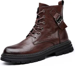 Men's Leather Waterproof Combat Boots with Side Zipper, Casual Hand-Stitched Lace-Up High Top Motorcycle Boots, Comfort Outdoor Rubber Sole Non-Slip Resistant Soft Sole Work Boot