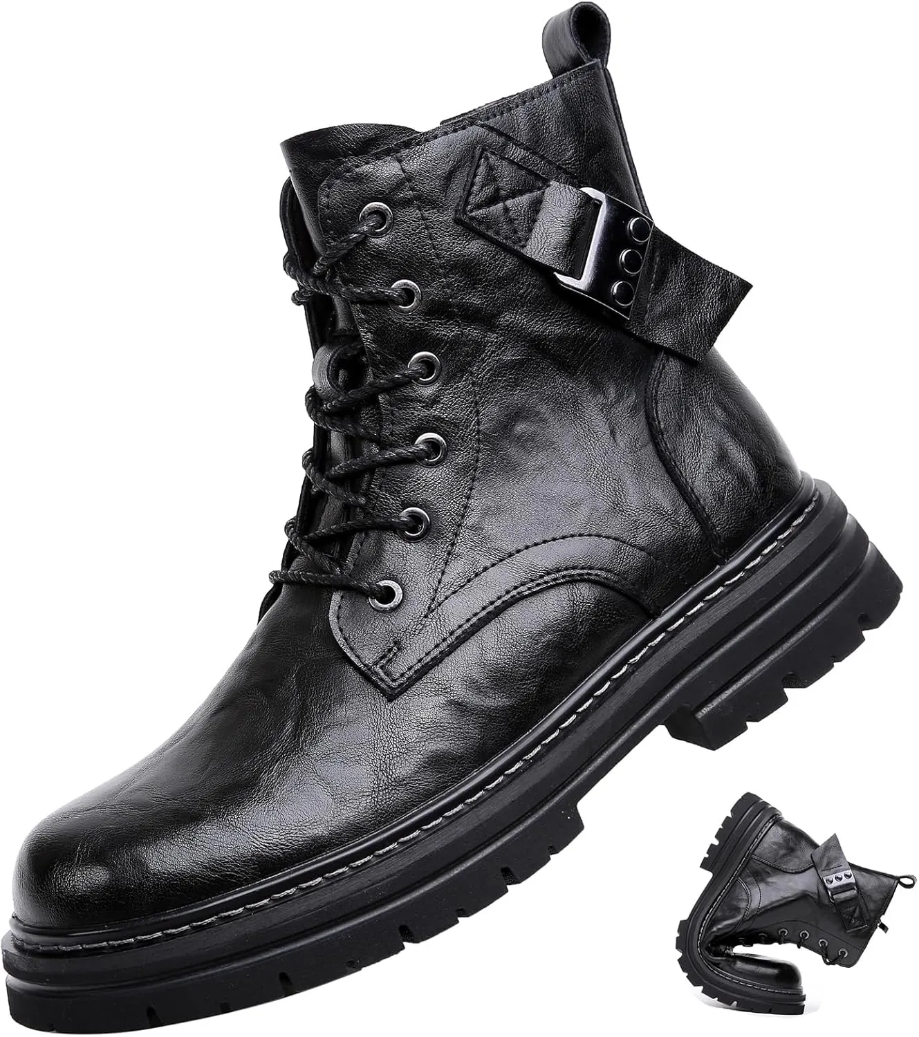 Men's Leather Waterproof Combat Boots with Side Zipper, Casual Hand-Stitched Lace-Up High Top Motorcycle Boots, Comfort Outdoor Rubber Sole Non-Slip Resistant Soft Sole Work Boot