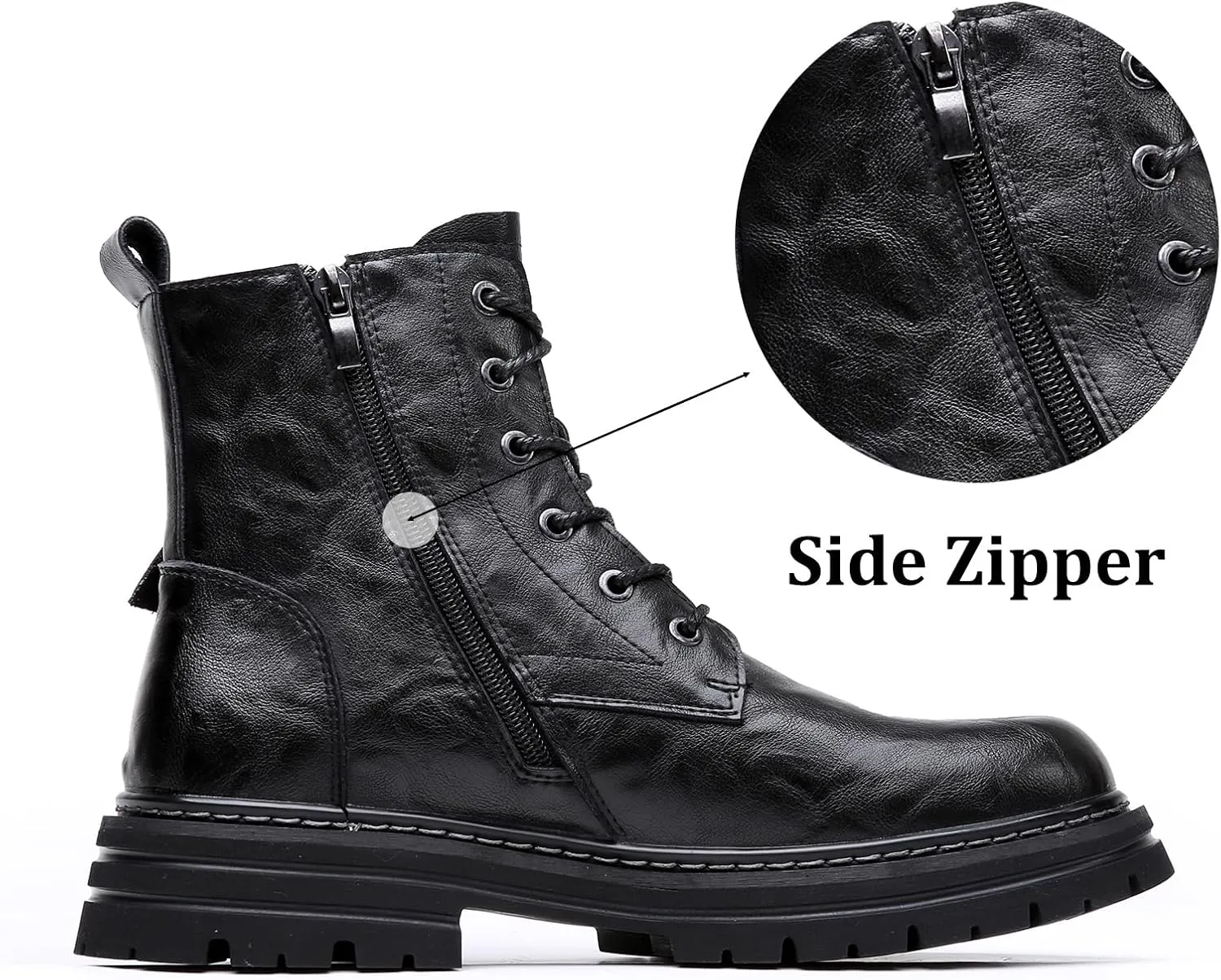 Men's Leather Waterproof Combat Boots with Side Zipper, Casual Hand-Stitched Lace-Up High Top Motorcycle Boots, Comfort Outdoor Rubber Sole Non-Slip Resistant Soft Sole Work Boot