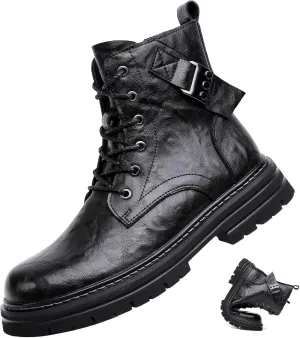 Men's Leather Waterproof Combat Boots with Side Zipper, Casual Hand-Stitched Lace-Up High Top Motorcycle Boots, Comfort Outdoor Rubber Sole Non-Slip Resistant Soft Sole Work Boot