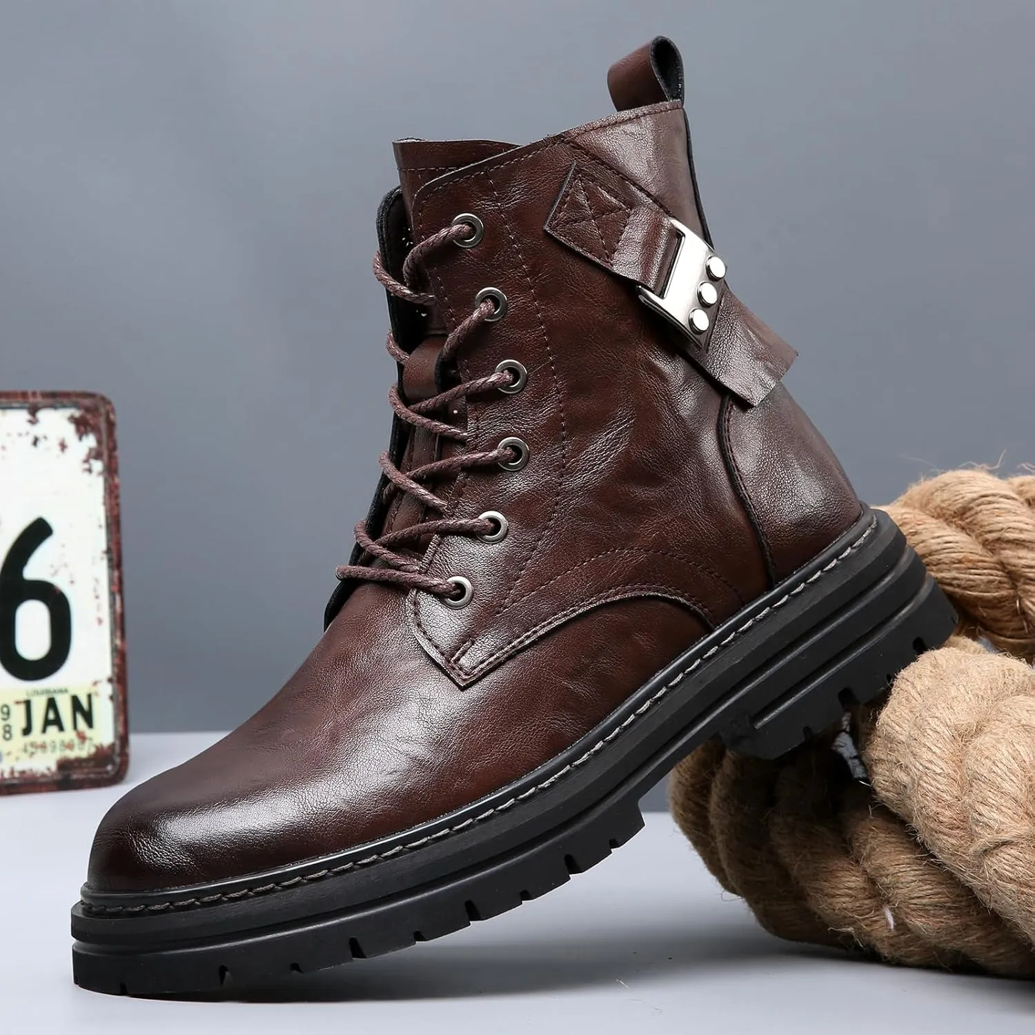 Men's Leather Waterproof Combat Boots with Side Zipper, Casual Hand-Stitched Lace-Up High Top Motorcycle Boots, Comfort Outdoor Rubber Sole Non-Slip Resistant Soft Sole Work Boot