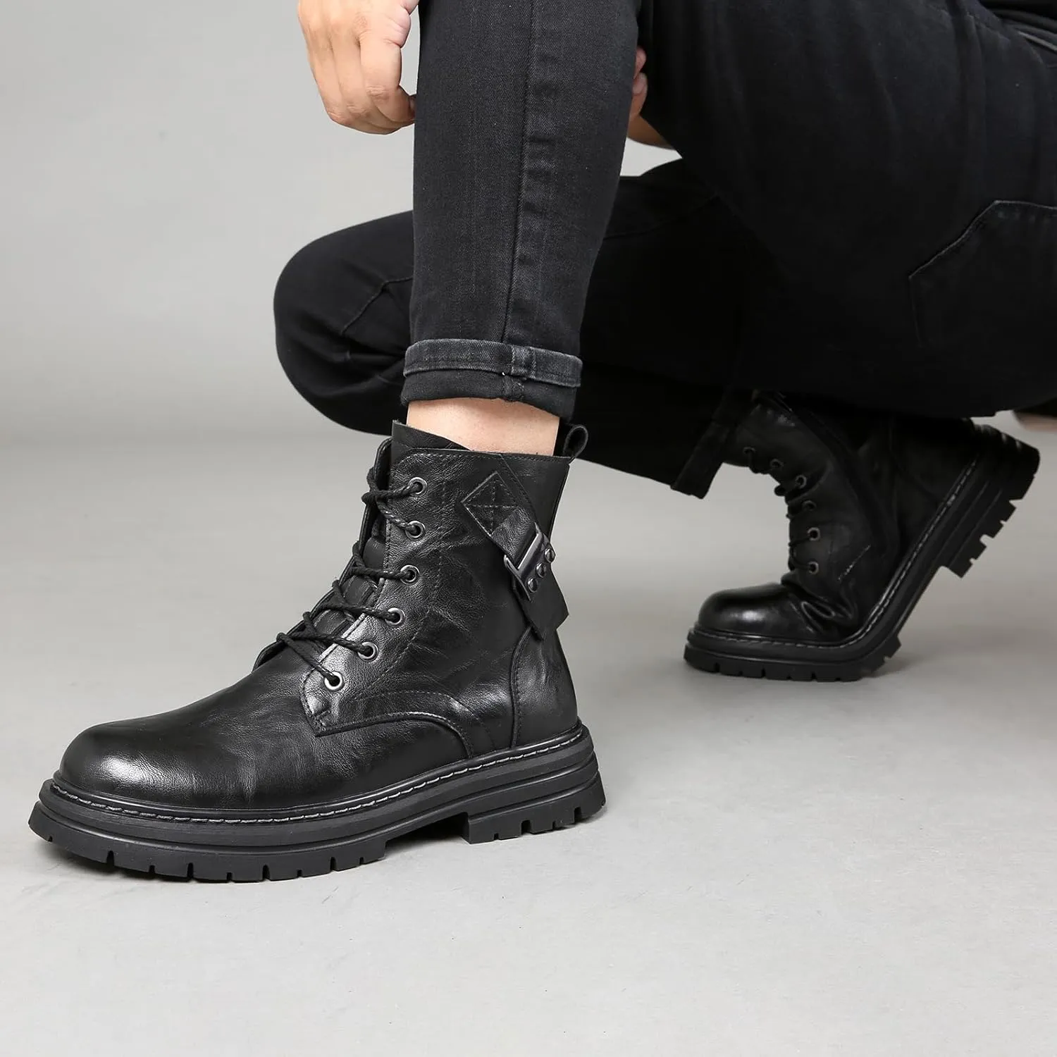 Men's Leather Waterproof Combat Boots with Side Zipper, Casual Hand-Stitched Lace-Up High Top Motorcycle Boots, Comfort Outdoor Rubber Sole Non-Slip Resistant Soft Sole Work Boot