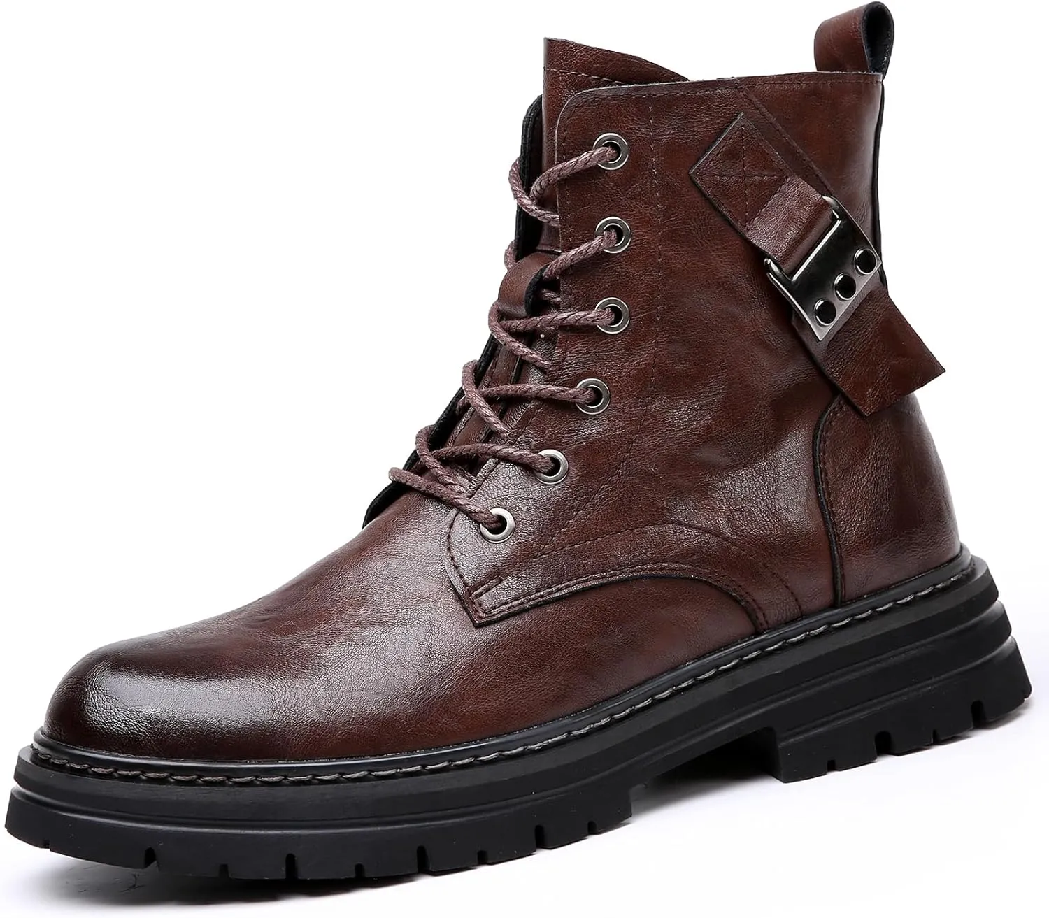Men's Leather Waterproof Combat Boots with Side Zipper, Casual Hand-Stitched Lace-Up High Top Motorcycle Boots, Comfort Outdoor Rubber Sole Non-Slip Resistant Soft Sole Work Boot