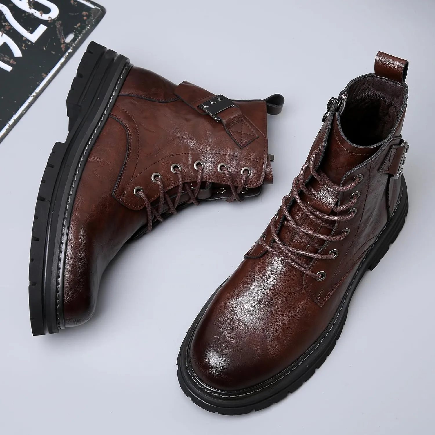 Men's Leather Waterproof Combat Boots with Side Zipper, Casual Hand-Stitched Lace-Up High Top Motorcycle Boots, Comfort Outdoor Rubber Sole Non-Slip Resistant Soft Sole Work Boot