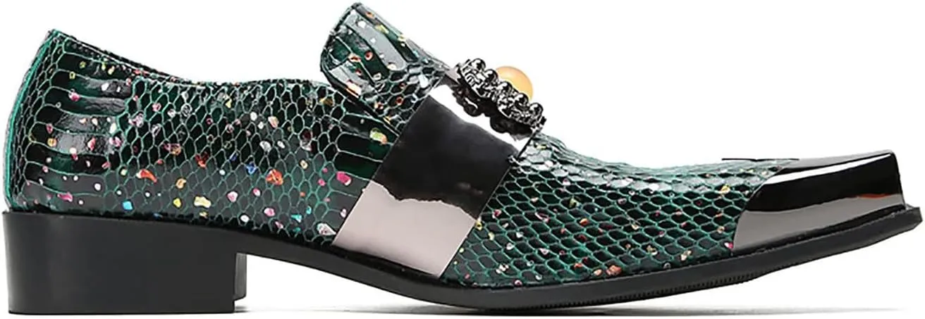 Mens Loafers Dress Casual Slip On Genuine Leather Yellow Gemstone Mocassins Snakeskin Texture Metal-Square Toe Penny Loafers Prom Wedding Western Party Disco Tuxedo Shoes for Mens