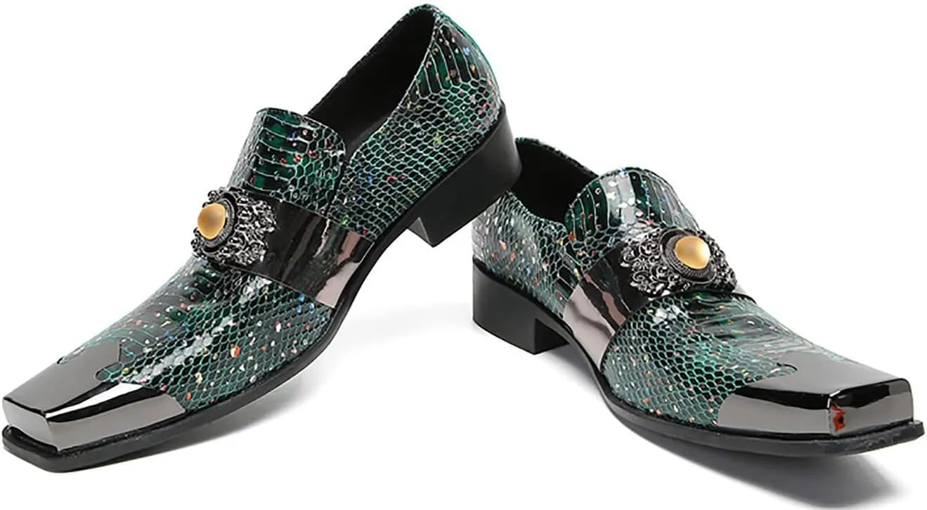 Mens Loafers Dress Casual Slip On Genuine Leather Yellow Gemstone Mocassins Snakeskin Texture Metal-Square Toe Penny Loafers Prom Wedding Western Party Disco Tuxedo Shoes for Mens