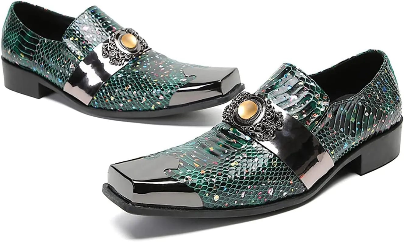 Mens Loafers Dress Casual Slip On Genuine Leather Yellow Gemstone Mocassins Snakeskin Texture Metal-Square Toe Penny Loafers Prom Wedding Western Party Disco Tuxedo Shoes for Mens