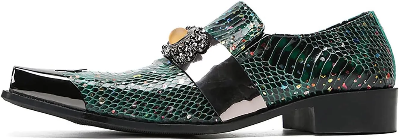 Mens Loafers Dress Casual Slip On Genuine Leather Yellow Gemstone Mocassins Snakeskin Texture Metal-Square Toe Penny Loafers Prom Wedding Western Party Disco Tuxedo Shoes for Mens