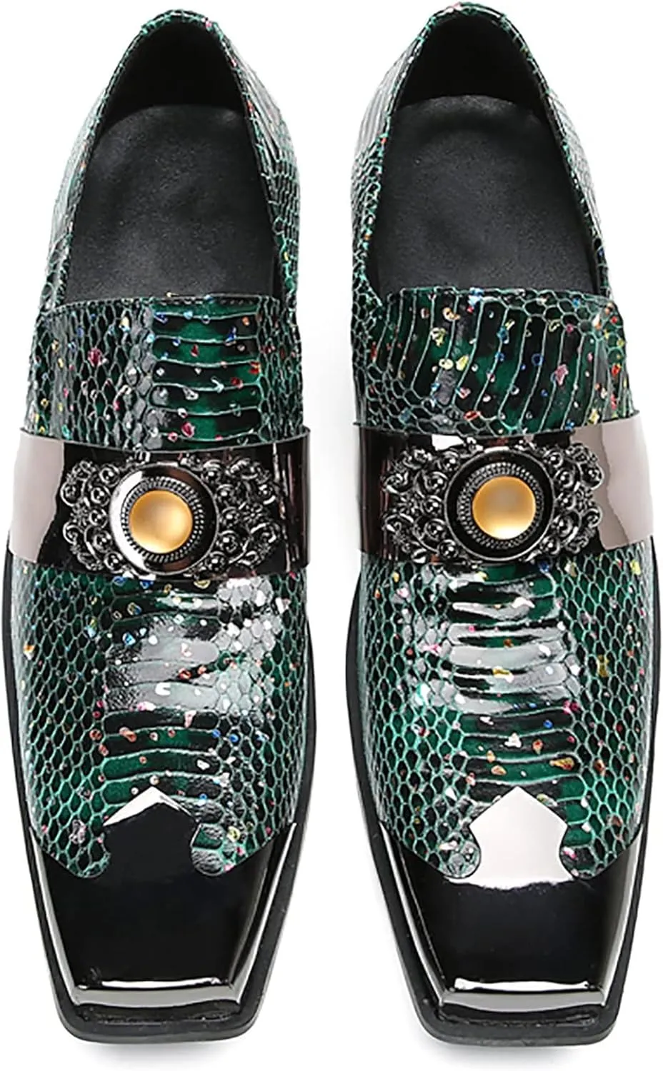 Mens Loafers Dress Casual Slip On Genuine Leather Yellow Gemstone Mocassins Snakeskin Texture Metal-Square Toe Penny Loafers Prom Wedding Western Party Disco Tuxedo Shoes for Mens