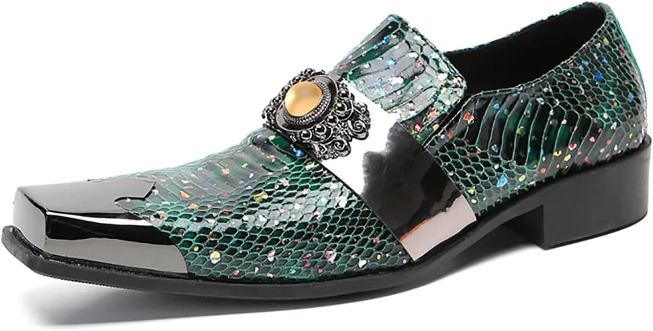 Mens Loafers Dress Casual Slip On Genuine Leather Yellow Gemstone Mocassins Snakeskin Texture Metal-Square Toe Penny Loafers Prom Wedding Western Party Disco Tuxedo Shoes for Mens