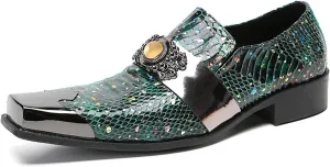 Mens Loafers Dress Casual Slip On Genuine Leather Yellow Gemstone Mocassins Snakeskin Texture Metal-Square Toe Penny Loafers Prom Wedding Western Party Disco Tuxedo Shoes for Mens