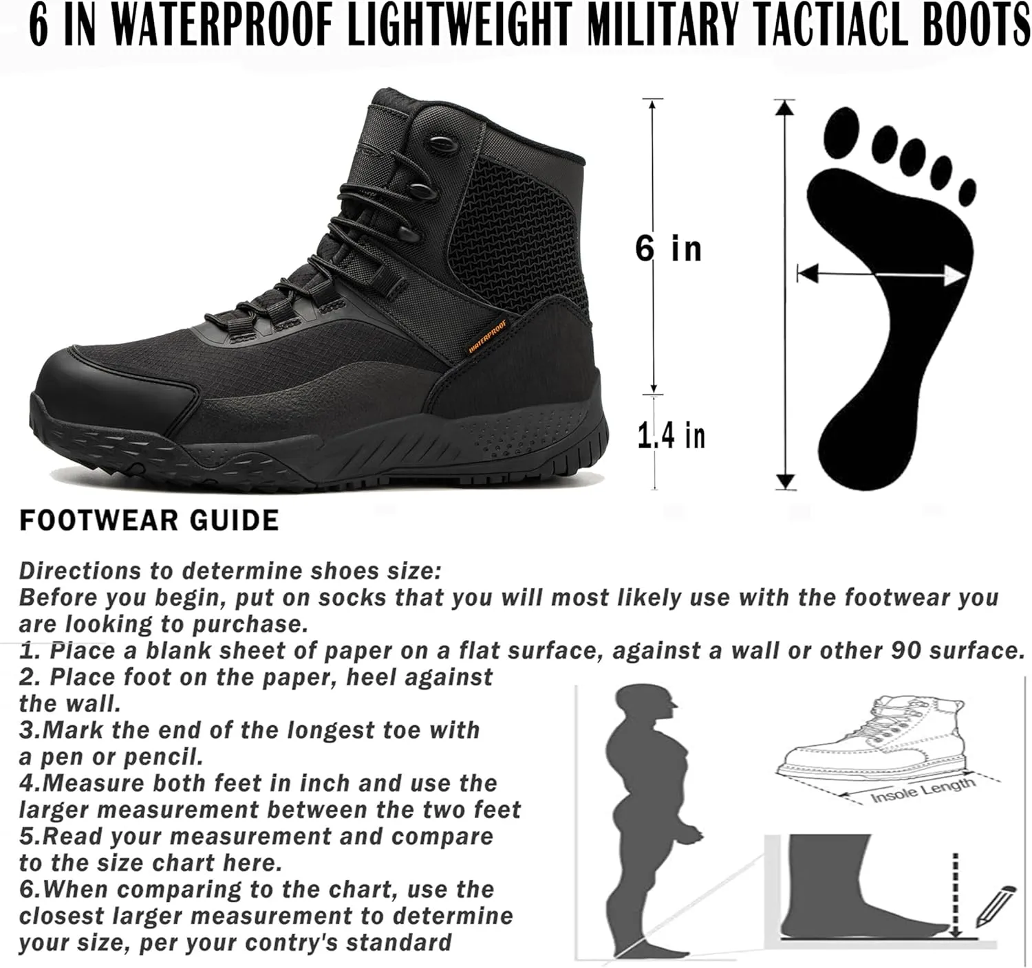 Men's Military Tactical Boots, 6" Waterproof Lightweight Combat Boots, Comfortable Non-slip Outdoor Desert Work Shoes
