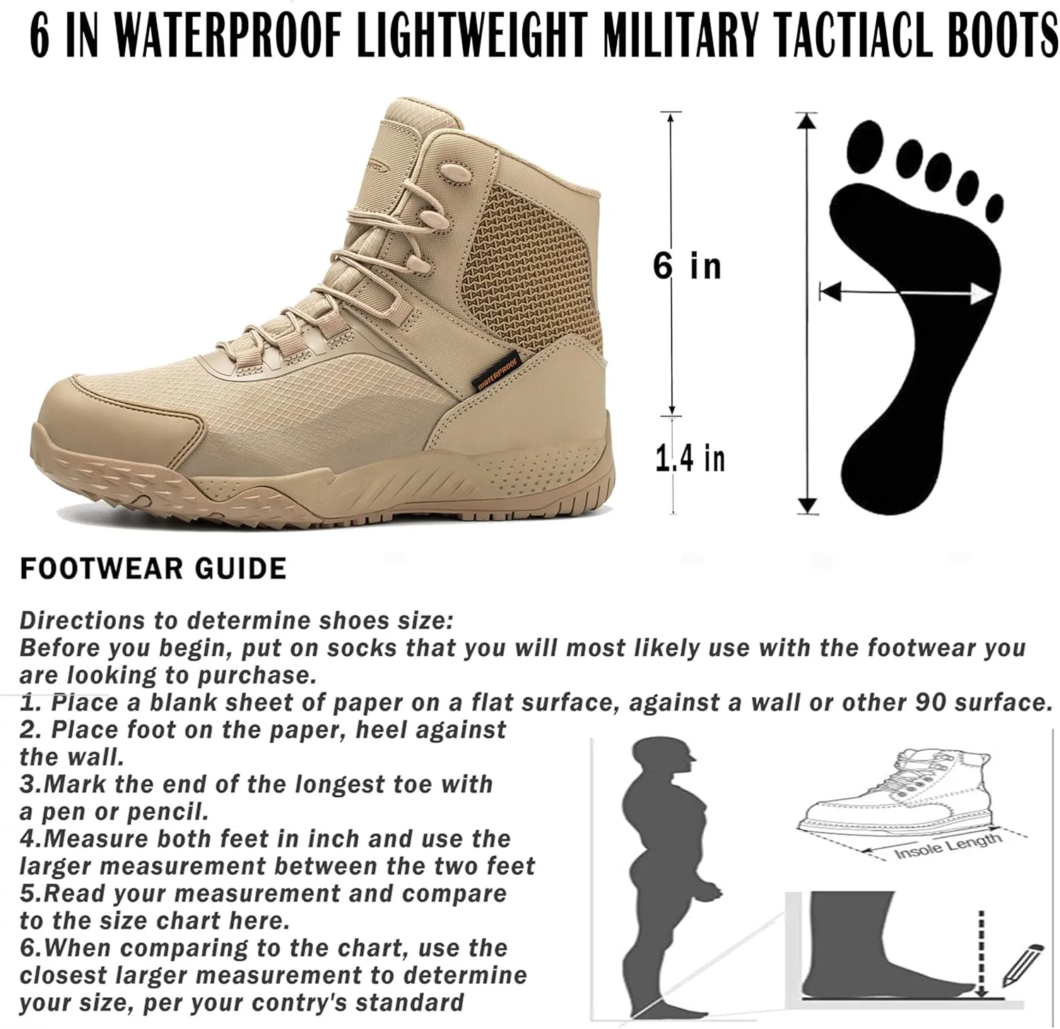 Men's Military Tactical Boots, 6" Waterproof Lightweight Combat Boots, Comfortable Non-slip Outdoor Desert Work Shoes
