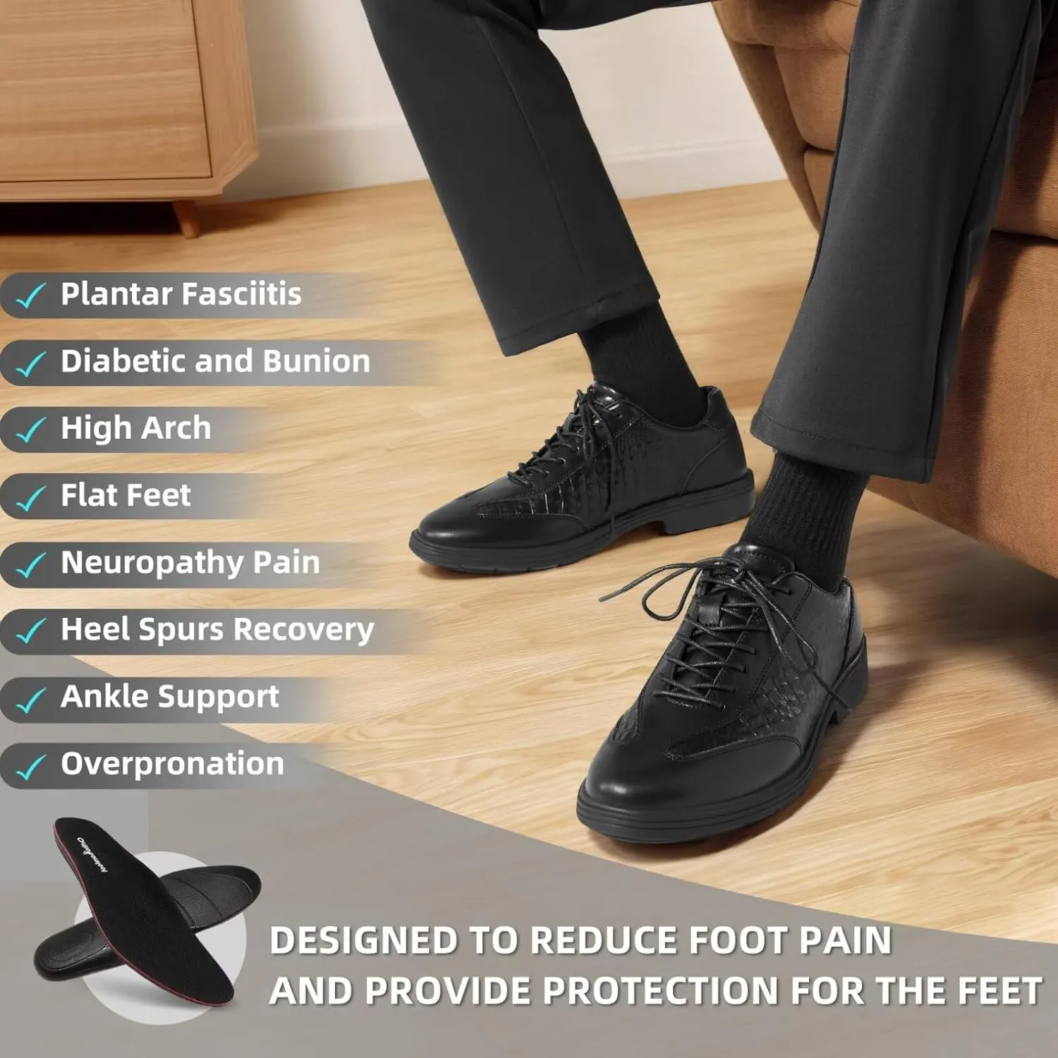 Men's Orthopedic Business Dress Walking Shoes - Comfortable Arch Support Plantar Fasciitis Leather Wingtip Formal Oxford - Flat Feet Casual Cap Toe Tuxedo Patent Sneakers for Foot Heel Pain Relief