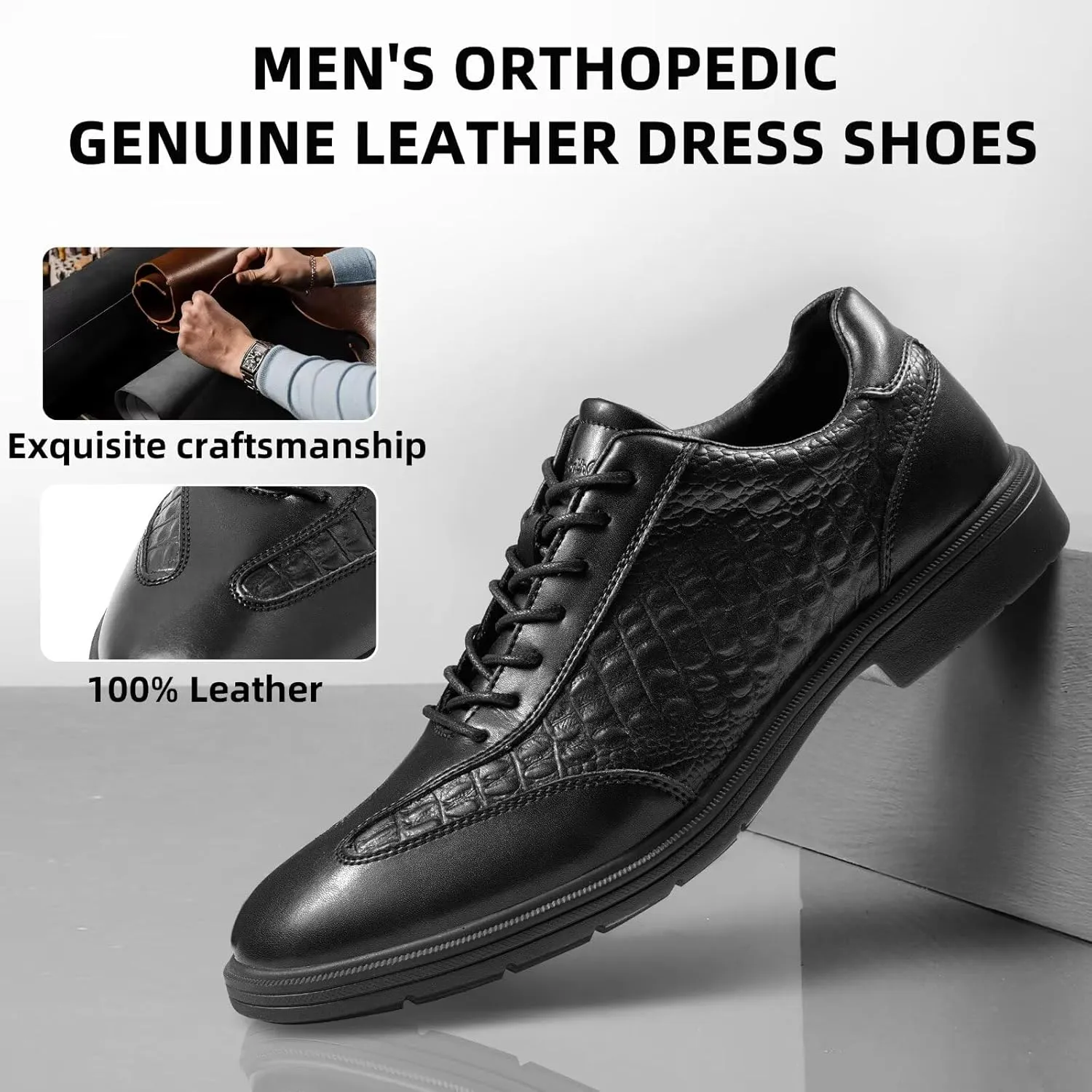 Men's Orthopedic Business Dress Walking Shoes - Comfortable Arch Support Plantar Fasciitis Leather Wingtip Formal Oxford - Flat Feet Casual Cap Toe Tuxedo Patent Sneakers for Foot Heel Pain Relief