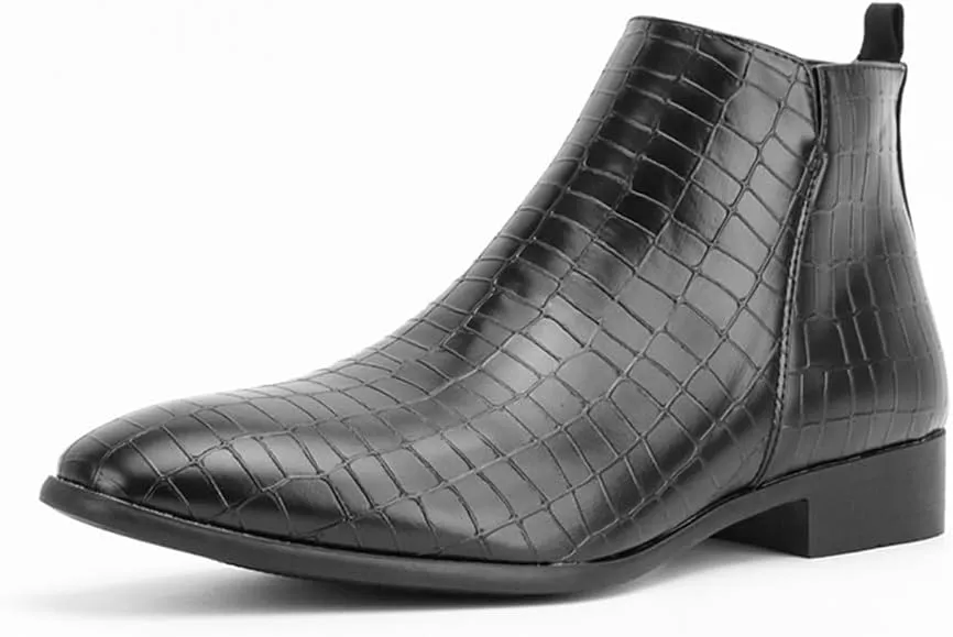 Men's Slip on Ankle Booties Low Heel Crocodile Print Chelsea Dress Boots