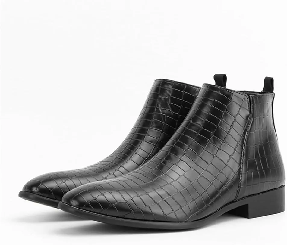 Men's Slip on Ankle Booties Low Heel Crocodile Print Chelsea Dress Boots