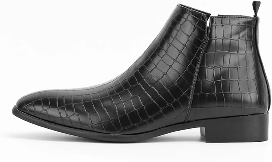 Men's Slip on Ankle Booties Low Heel Crocodile Print Chelsea Dress Boots