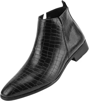 Men's Slip on Ankle Booties Low Heel Crocodile Print Chelsea Dress Boots