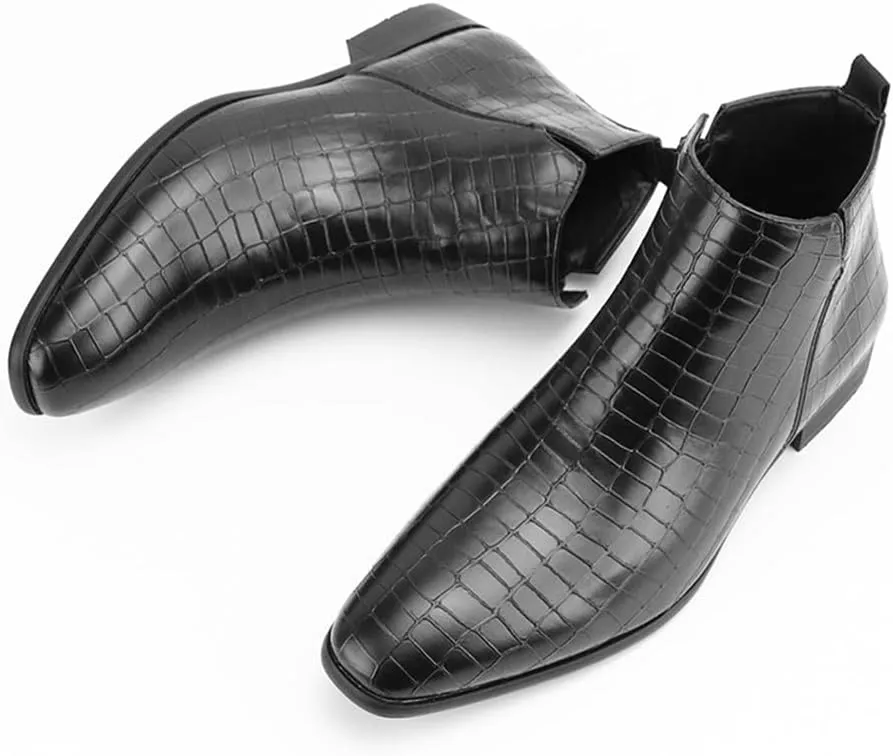 Men's Slip on Ankle Booties Low Heel Crocodile Print Chelsea Dress Boots