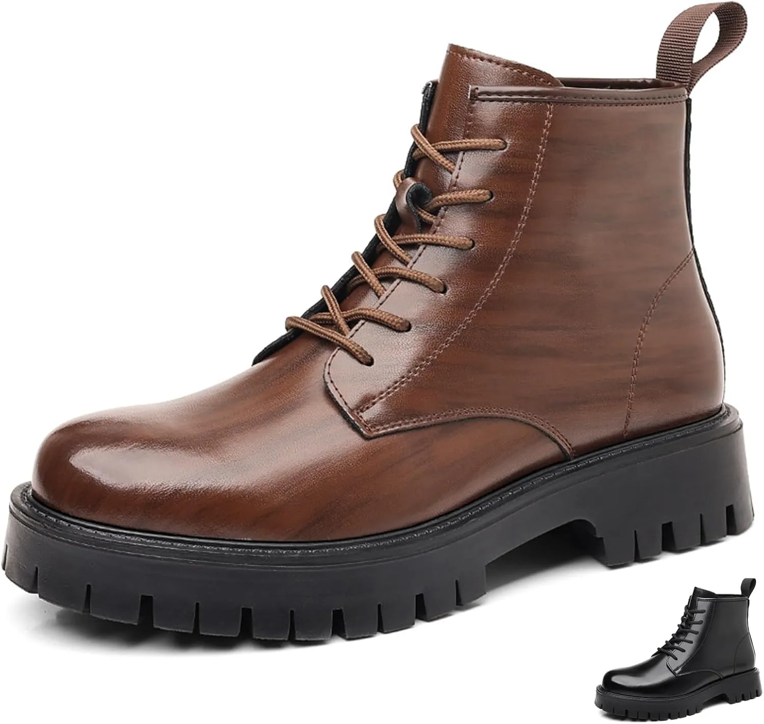 Men's Soft Leather Lug Sole Low Chunky Heel Combat Boots Retro Comfort Lace-up Round Toe Four Seasons Platform Block Heel Chukka Boots Casual Dress Riding Motorcycle Boots