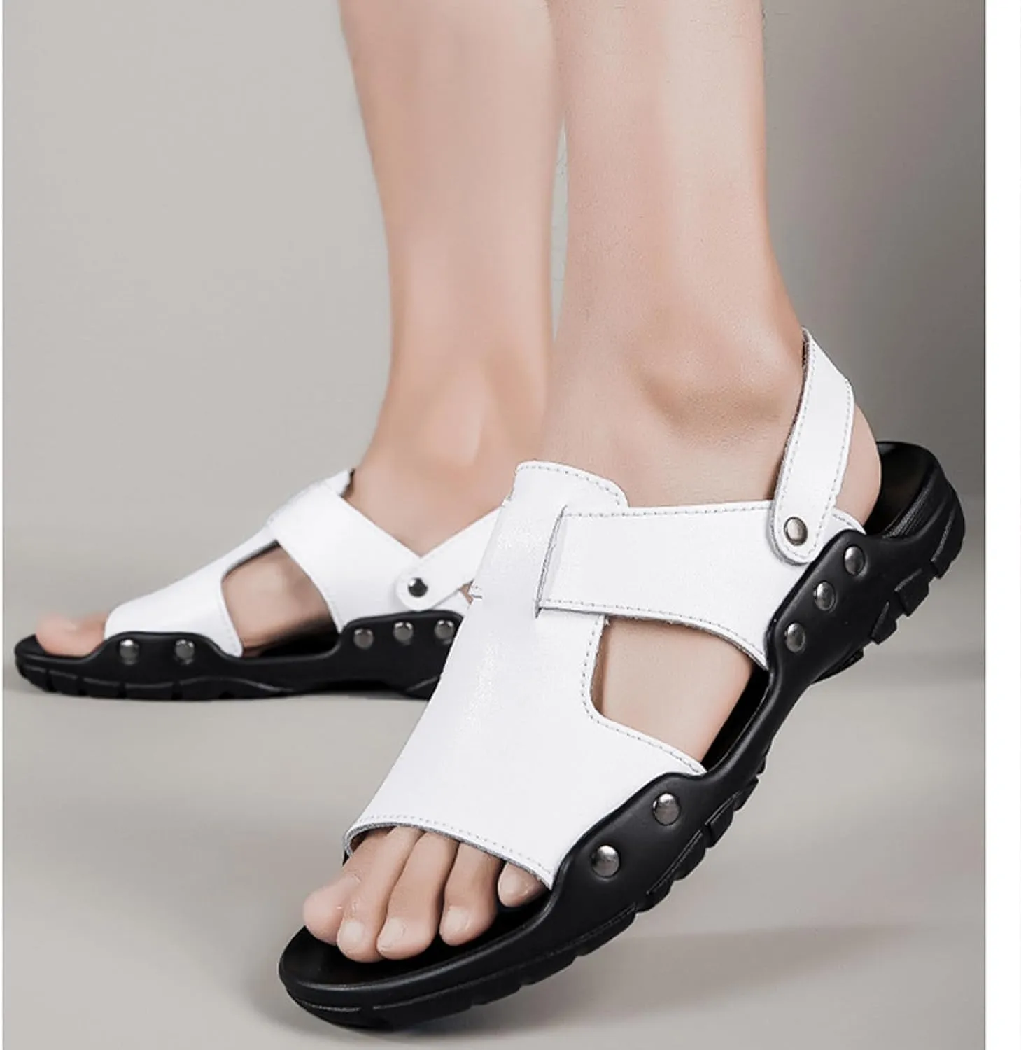 Men's Soft Leather Open Toe Sandals Slippers Comfortable Slingback Two-Wear Slip-On Slippers Summer Outdoor Non-Slip Beach Sandals