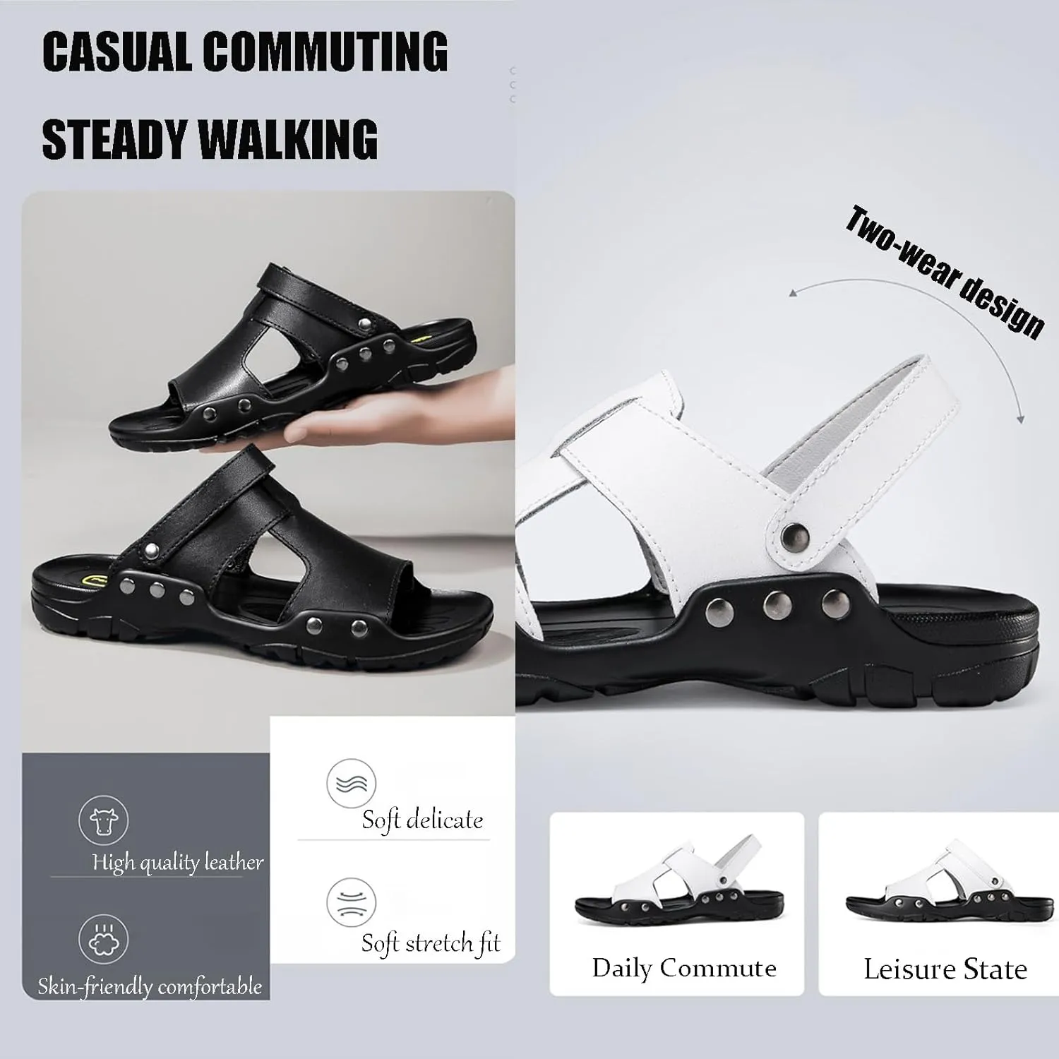 Men's Soft Leather Open Toe Sandals Slippers Comfortable Slingback Two-Wear Slip-On Slippers Summer Outdoor Non-Slip Beach Sandals