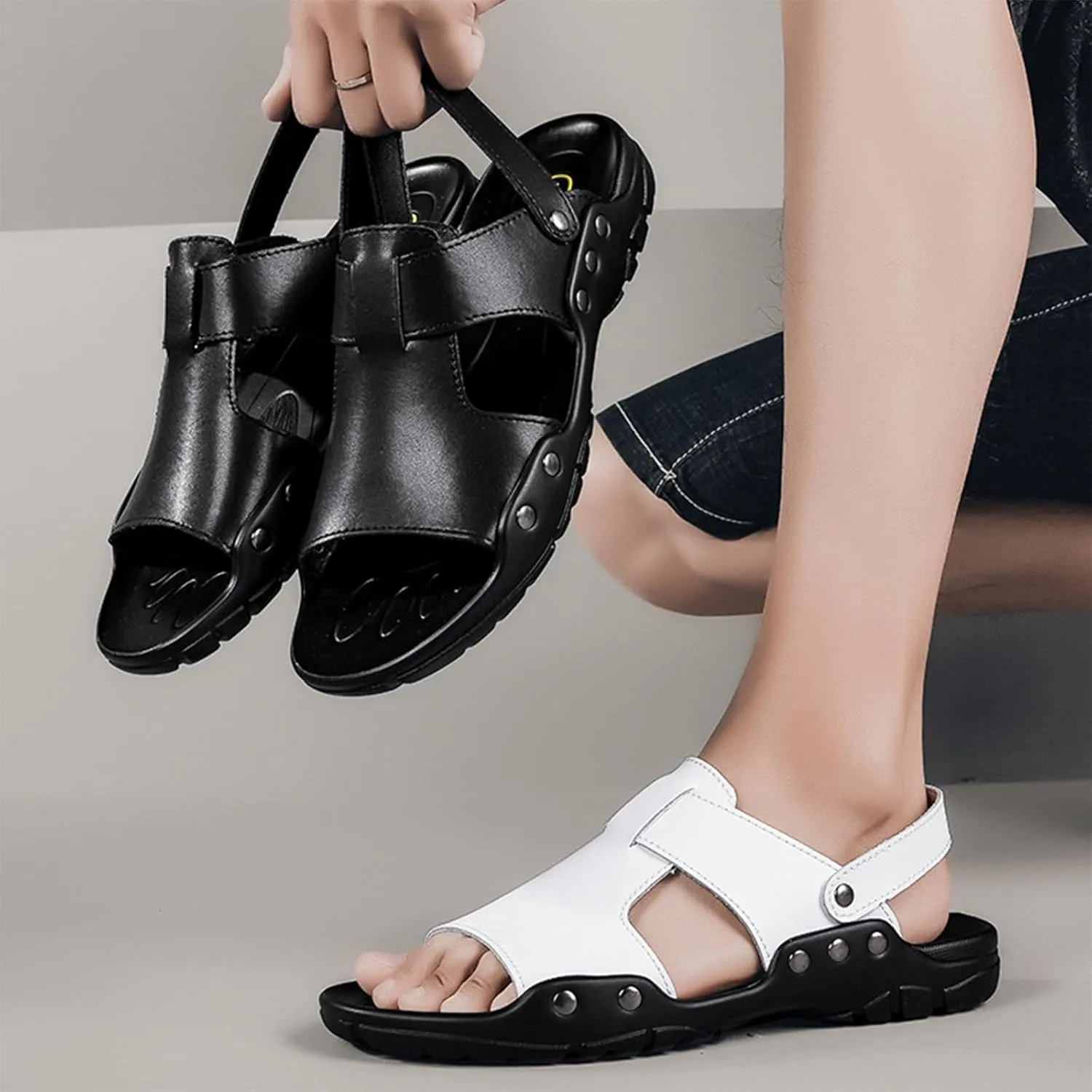 Men's Soft Leather Open Toe Sandals Slippers Comfortable Slingback Two-Wear Slip-On Slippers Summer Outdoor Non-Slip Beach Sandals