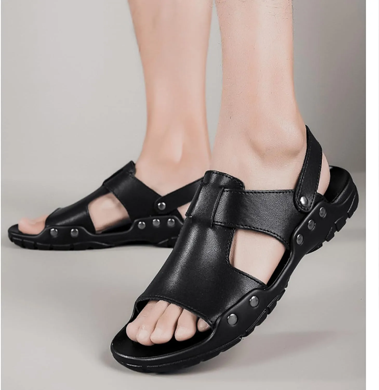 Men's Soft Leather Open Toe Sandals Slippers Comfortable Slingback Two-Wear Slip-On Slippers Summer Outdoor Non-Slip Beach Sandals