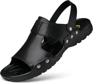 Men's Soft Leather Open Toe Sandals Slippers Comfortable Slingback Two-Wear Slip-On Slippers Summer Outdoor Non-Slip Beach Sandals