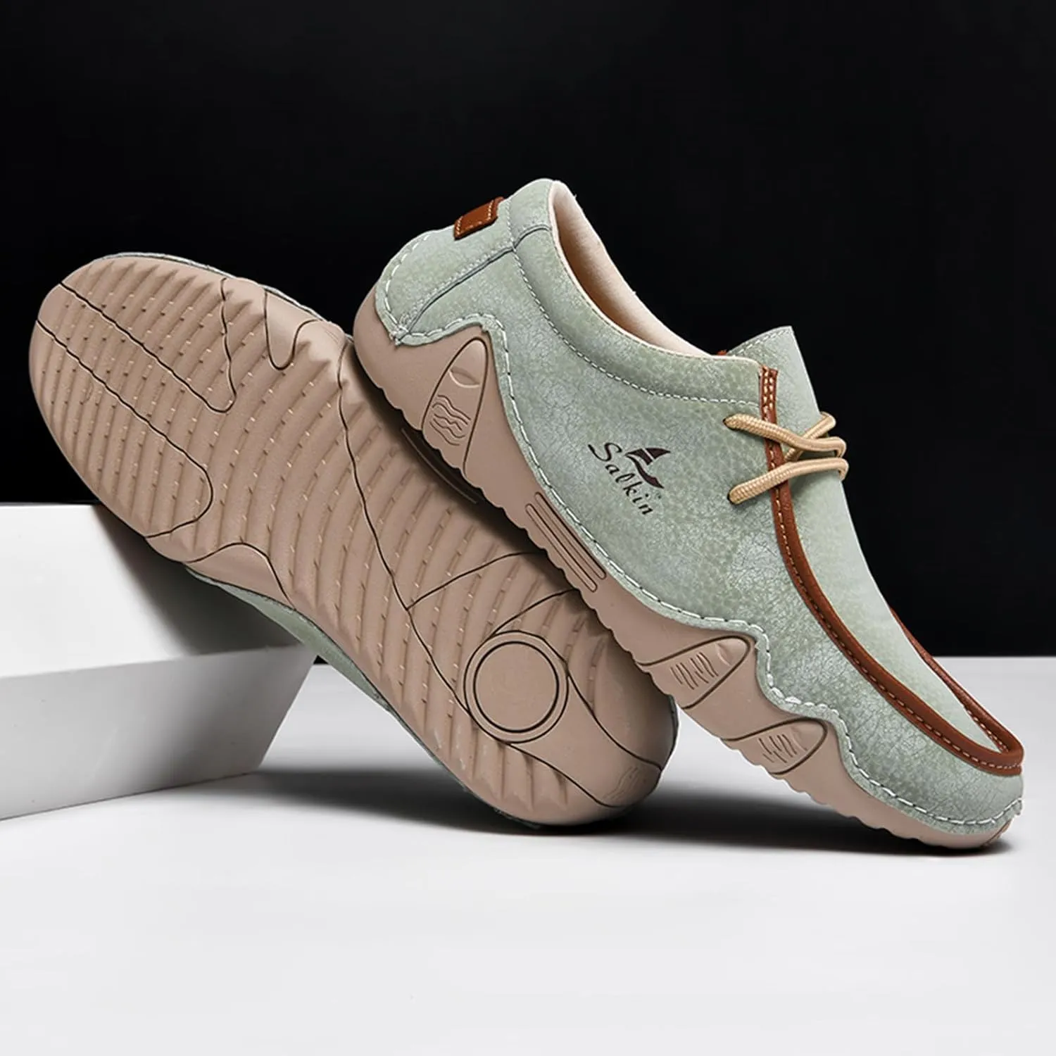 Men's Waterproof Leather Casual Walking Shoes for Hiking Camping & Driving All Season Retro Hand Stitched Round Toe Lace Up Slip on Loafers Comfortable Soft Outdoor Fashion Sneakers