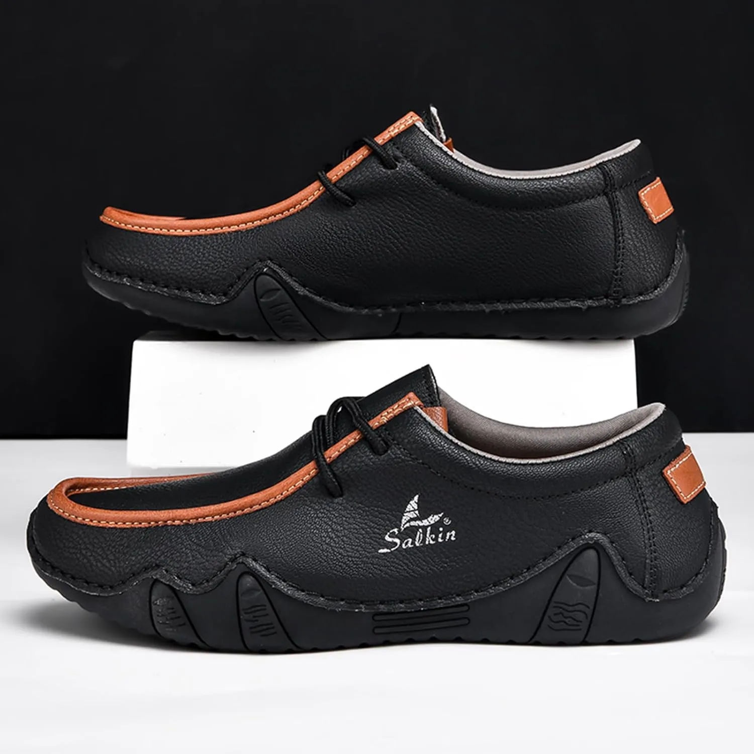 Men's Waterproof Leather Casual Walking Shoes for Hiking Camping & Driving All Season Retro Hand Stitched Round Toe Lace Up Slip on Loafers Comfortable Soft Outdoor Fashion Sneakers