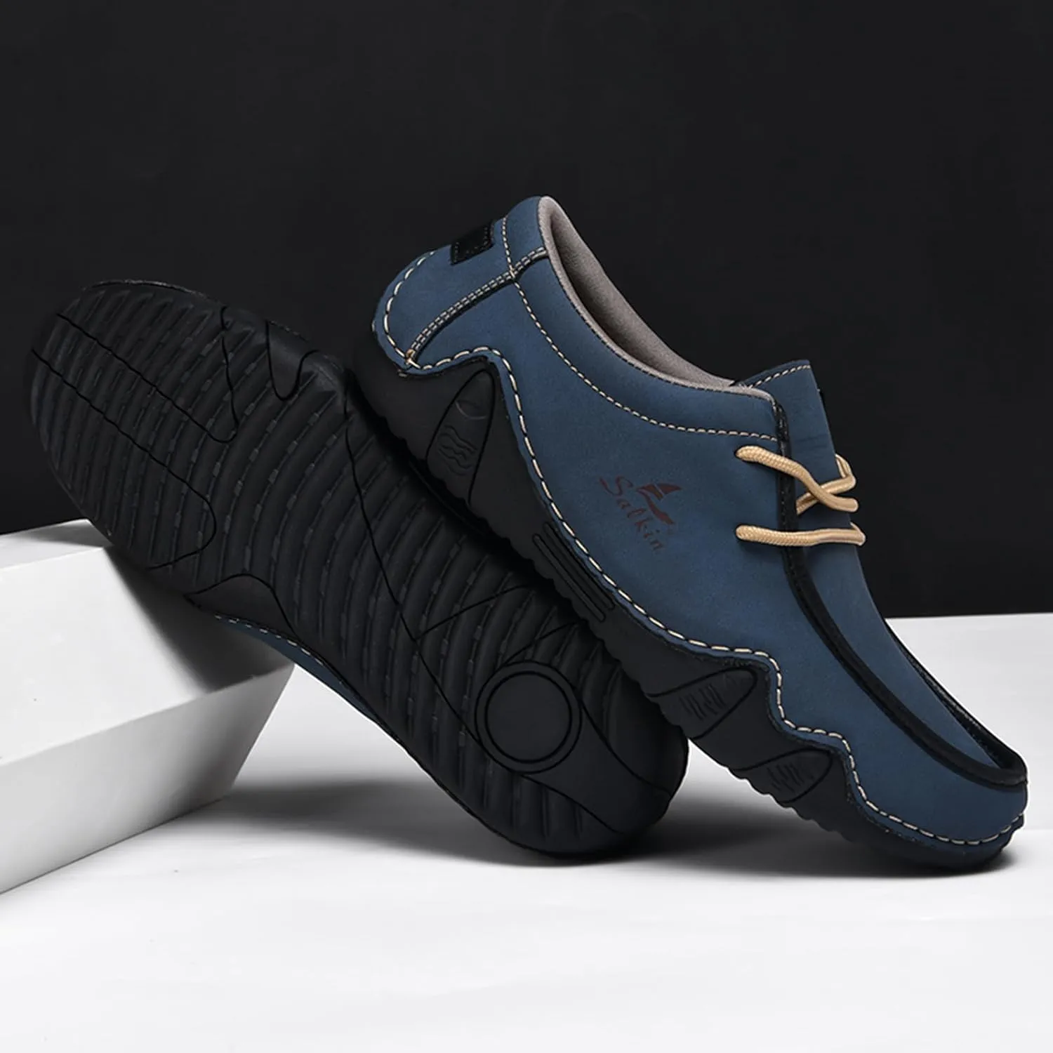 Men's Waterproof Leather Casual Walking Shoes for Hiking Camping & Driving All Season Retro Hand Stitched Round Toe Lace Up Slip on Loafers Comfortable Soft Outdoor Fashion Sneakers