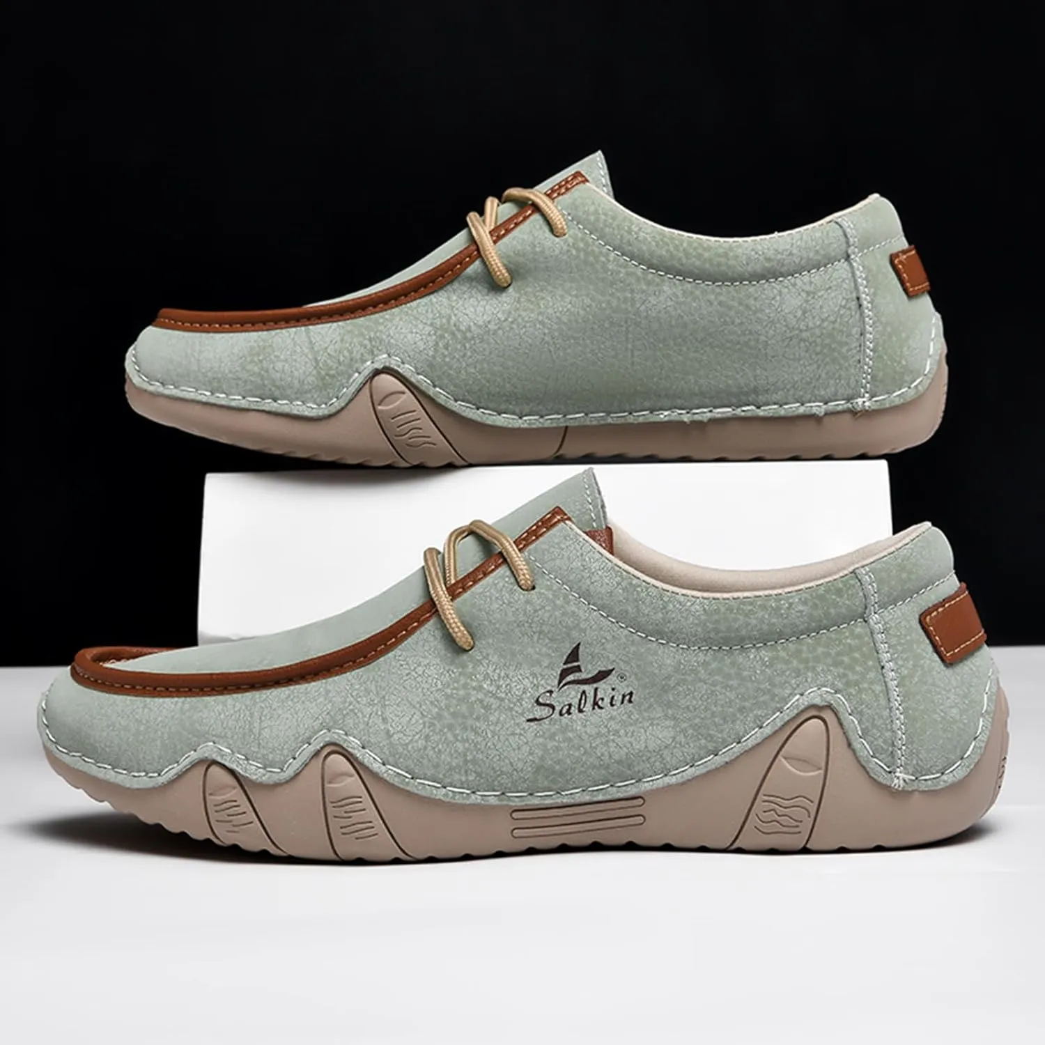 Men's Waterproof Leather Casual Walking Shoes for Hiking Camping & Driving All Season Retro Hand Stitched Round Toe Lace Up Slip on Loafers Comfortable Soft Outdoor Fashion Sneakers