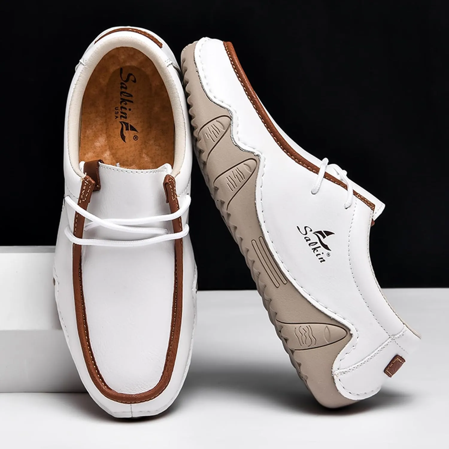Men's Waterproof Leather Casual Walking Shoes for Hiking Camping & Driving All Season Retro Hand Stitched Round Toe Lace Up Slip on Loafers Comfortable Soft Outdoor Fashion Sneakers