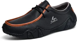 Men's Waterproof Leather Casual Walking Shoes for Hiking Camping & Driving All Season Retro Hand Stitched Round Toe Lace Up Slip on Loafers Comfortable Soft Outdoor Fashion Sneakers